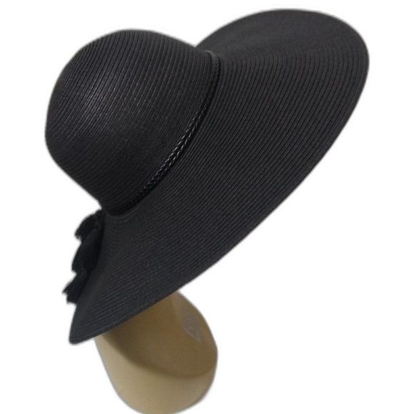 Wide Brim Summer Hat with Tassels Black New - Picture 2 of 5